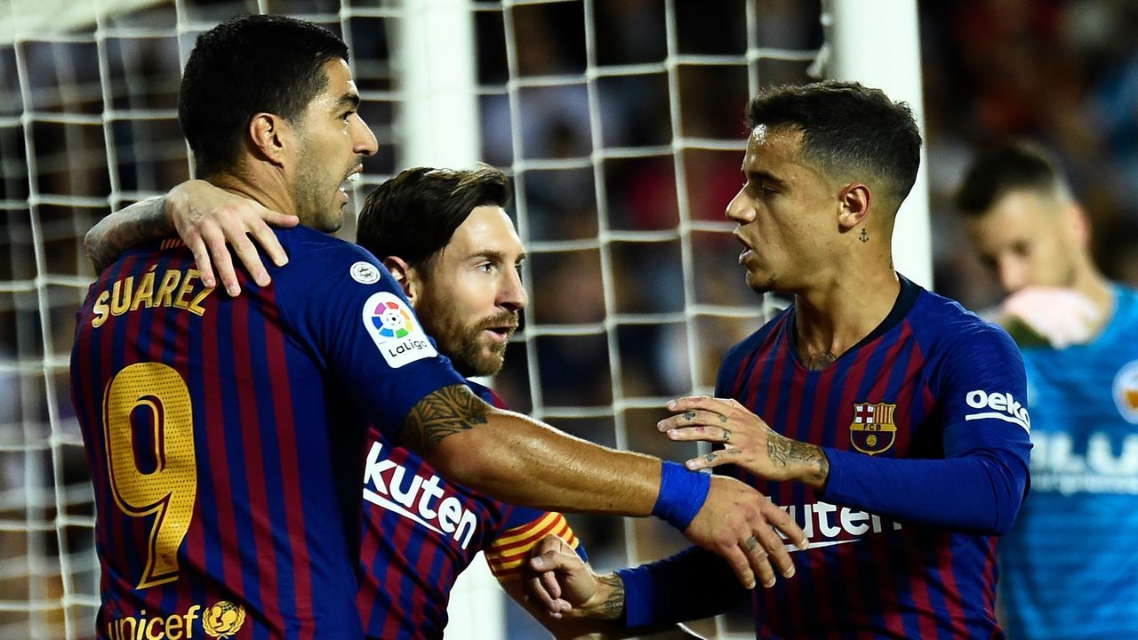 Barcelona's Argentinian forward Lionel Messi (C) celebrates a goal with Barcelona's Uruguayan forward Luis Suarez (L) and Barcelona's Brazilian midfielder Philippe Coutinho during the Spanish league football match between Valencia CF and FC Barcelona at the Mestalla stadium in Valencia on October 7, 2018.