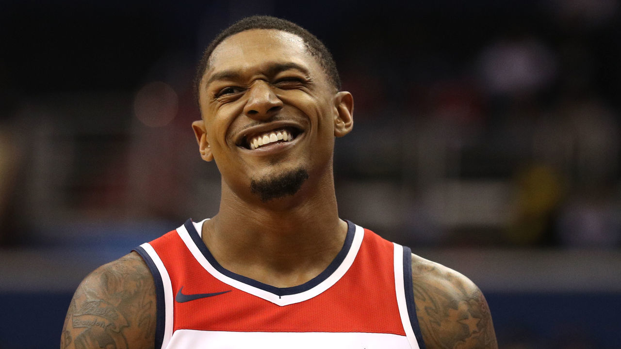 WASHINGTON, DC - OCTOBER 01: Bradley Beal #3 of the Washington Wizards looks on against the New York Knicks during the first half of a preseason NBA game at Capital One Arena on October 01, 2018 in Washington, DC.