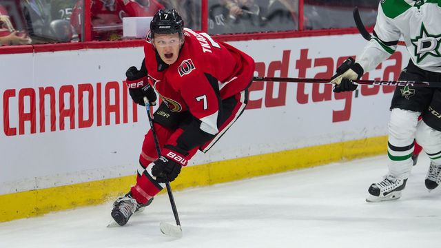 OTTAWA, ON - OCTOBER 15: Ottawa Senators Left Wing Brady Tkachuk (7) skates during the second period of the NHL game between the Ottawa Senators and the Dallas Stars on October 15, 2018 at the Canadian Tire Centre in Ottawa, Ontario, Canada.