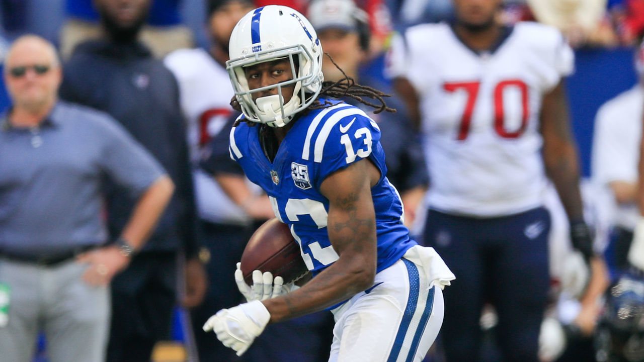 INDIANAPOLIS, IN - SEPTEMBER 30: T.Y. Hilton #13 of the Indianapolis Colts runs the ball after a catch in the game against the Houston Texans at Lucas Oil Stadium on September 30, 2018 in Indianapolis, Indiana.