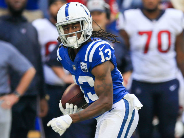 INDIANAPOLIS, IN - SEPTEMBER 30: T.Y. Hilton #13 of the Indianapolis Colts runs the ball after a catch in the game against the Houston Texans at Lucas Oil Stadium on September 30, 2018 in Indianapolis, Indiana.