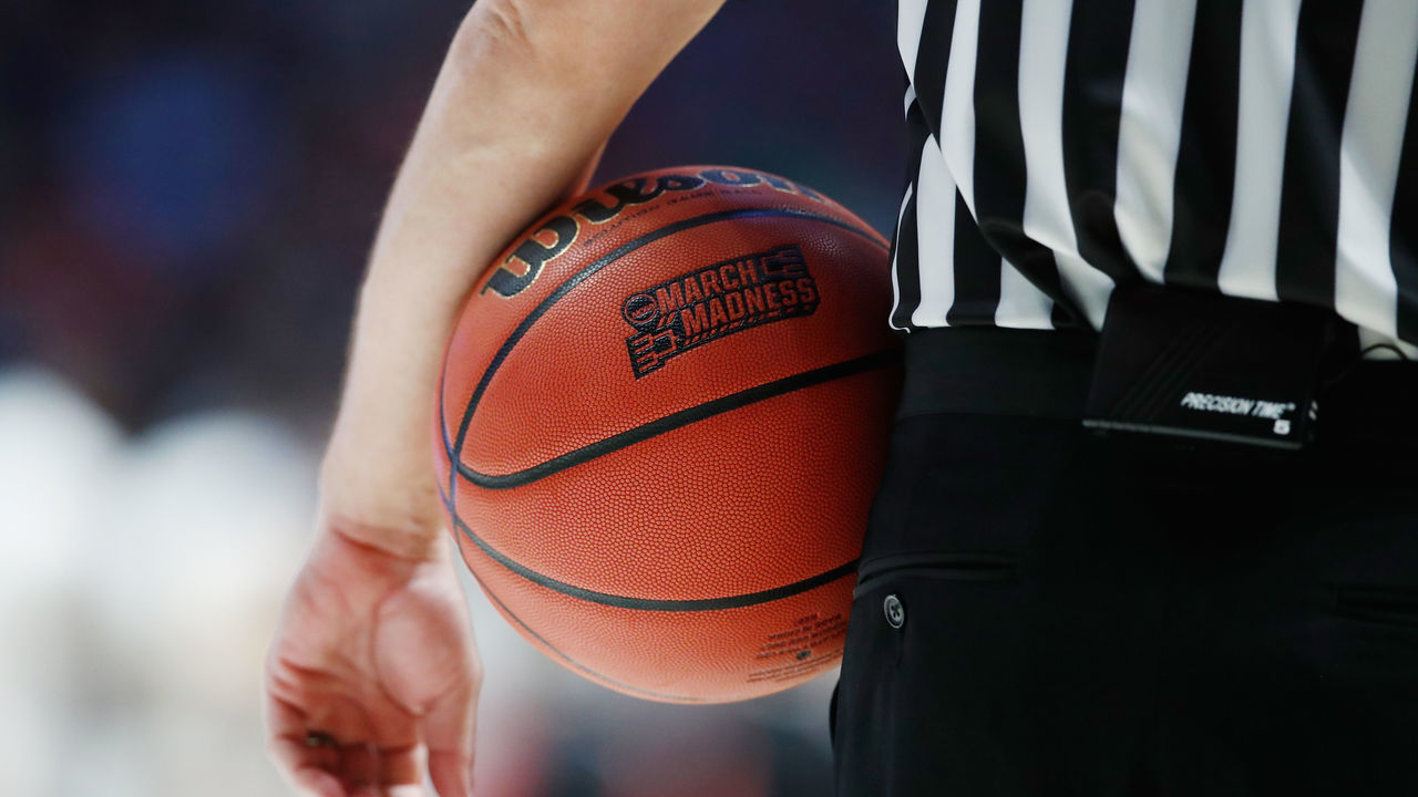 NASHVILLE, TN - MARCH 18: A detail of the March Madness basketball logo as seen during the first half between the Cincinnati Bearcats and the Nevada Wolf Pack in the second round of the 2018 Men's NCAA Basketball Tournament at Bridgestone Arena on March 18, 2018 in Nashville, Tennessee.