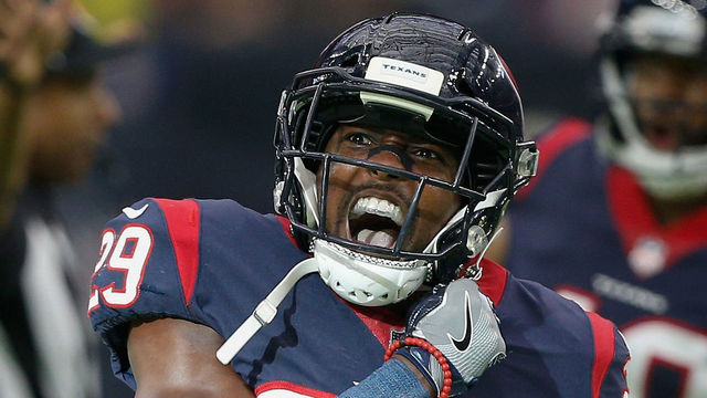 HOUSTON, TX - NOVEMBER 19: Andre Hal #29 of the Houston Texans celebrates after fourth down stop against the Arizona Cardinals in the fourth quarter at NRG Stadium on November 19, 2017 in Houston, Texas.