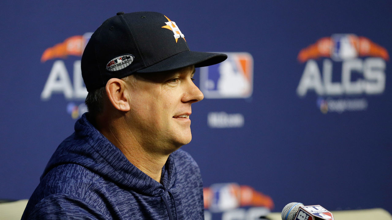 HOUSTON, TX - OCTOBER 17: Manager AJ Hinch of the Houston Astros talks with the media during a press conference before Game Four of the American League Championship Series against the Boston Red Sox at Minute Maid Park on October 17, 2018 in Houston, Texas.