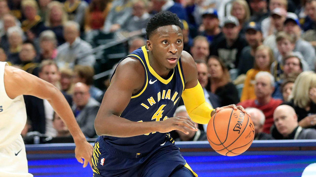 INDIANAPOLIS, IN - OCTOBER 17: Victor Oladipo #4 of the Indiana Pacers dribbles the ball during the game against the Memphis Grizzlies at Bankers Life Fieldhouse on October 17, 2018 in Indianapolis, Indiana.
