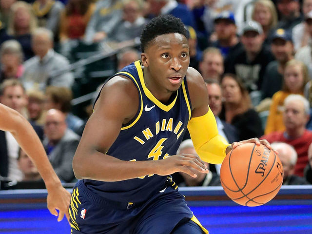 INDIANAPOLIS, IN - OCTOBER 17: Victor Oladipo #4 of the Indiana Pacers dribbles the ball during the game against the Memphis Grizzlies at Bankers Life Fieldhouse on October 17, 2018 in Indianapolis, Indiana.