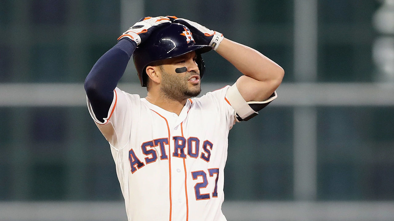 HOUSTON, TX - OCTOBER 17: Jose Altuve #27 of the Houston Astros reacts at second base after being called out due to fan interference in the first inning against the Boston Red Sox during Game Four of the American League Championship Series at Minute Maid Park on October 17, 2018 in Houston, Texas.