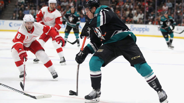 ANAHEIM, CA - OCTOBER 08: Justin Abdelkader #8 of the Detroit Red Wings defends against Jakob Silfverberg #33 of the Anaheim Ducks during the third period of a game at Honda Center on October 8, 2018 in Anaheim, California.