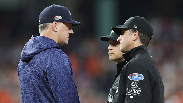 HOUSTON, TX - OCTOBER 17: Manager AJ Hinch of the Houston Astros reacts after fan interference was called in the first inning during Game Four of the American League Championship Series between the Boston Red Sox and the Houston Astros at Minute Maid Park on October 17, 2018 in Houston, Texas.