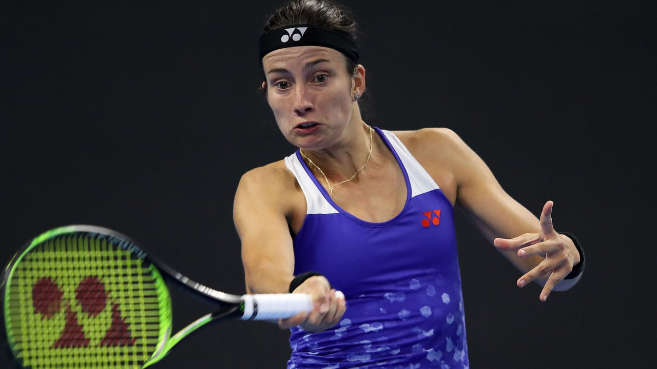 BEIJING, CHINA - OCTOBER 07: Anastasija Sevastova of Latvia hits a return against Caroline Wozniacki of Denmark during her Women's Singles Finals match in the 2018 China Open at the China National Tennis Center on October 7, 2018 in Beijing, China.