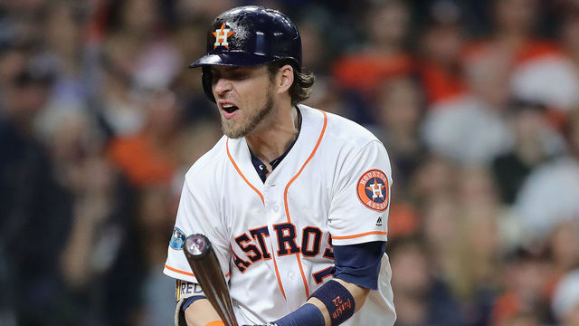 HOUSTON, TX - OCTOBER 17: Josh Reddick #22 of the Houston Astros reacts after flying out in the seventh inning against the Boston Red Sox during Game Four of the American League Championship Series at Minute Maid Park on October 17, 2018 in Houston, Texas.