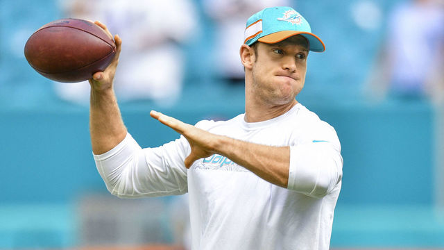 MIAMI, FL - SEPTEMBER 23: Ryan Tannehill #17 of the Miami Dolphins warms up before the game against the Oakland Raiders at Hard Rock Stadium on September 23, 2018 in Miami, Florida.