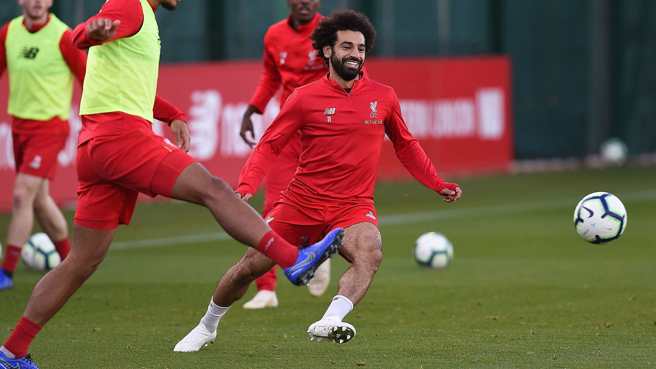 LIVERPOOL, ENGLAND - OCTOBER 18:(THE SUN OUT, THE SUN ON SUNDAY OUT) Mohamed Salah and Virgil van Dijk of Liverpool during a training session at Melwood Training Ground on October 18, 2018 in Liverpool, England.