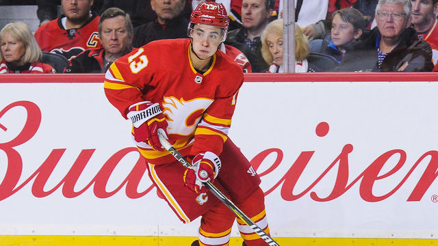 CALGARY, AB - OCTOBER 6: Johnny Gaudreau #13 of the Calgary Flames in action against the Vancouver Canucks during an NHL game at Scotiabank Saddledome on October 6, 2018 in Calgary, Alberta, Canada.