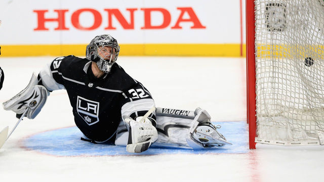 LOS ANGELES, CA - APRIL 15: Jonathan Quick #32 of the Los Angeles Kings is unable to stop a goal by Cody Eakin #21 of the Vegas Golden Knights during the third period in Game Three of the Western Conference First Round during the 2018 NHL Stanley Cup Playoffs at Staples Center on April 15, 2018 in Los Angeles, California.