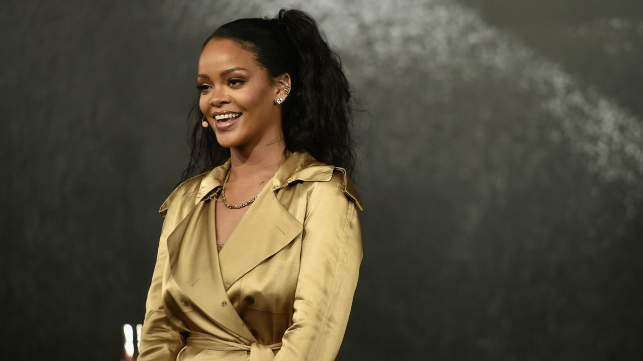 DUBAI, UNITED ARAB EMIRATES - SEPTEMBER 29: Rihanna speaks during her Fenty Beauty talk in collaboration with Sephora, for the launch of her new Stunna Lip paint 'Uninvited' on September 29, 2018 in Dubai, United Arab Emirates.