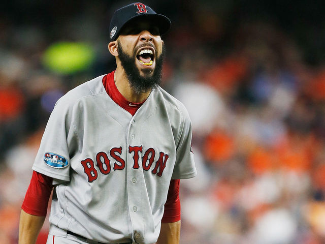 HOUSTON, TX - OCTOBER 18: David Price #24 of the Boston Red Sox reacts after striking out Jose Altuve #27 of the Houston Astros (not pictured) to end the sixth inning during Game Five of the American League Championship Series at Minute Maid Park on October 18, 2018 in Houston, Texas.