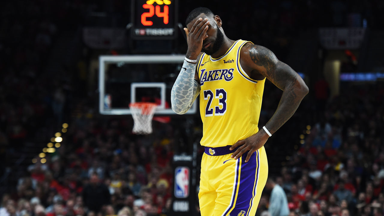 PORTLAND, OR - OCTOBER 18: LeBron James #23 of the Los Angeles Lakers reacts in the first quarter against the Portland Trail Blazers during their game at Moda Center on October 18, 2018 in Portland, Oregon.