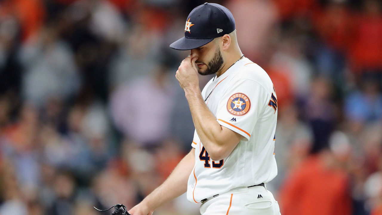 HOUSTON, TX - OCTOBER 17: Lance McCullers Jr. #43 of the Houston Astros reacts in the eighth inning against the Boston Red Sox during Game Four of the American League Championship Series at Minute Maid Park on October 17, 2018 in Houston, Texas.