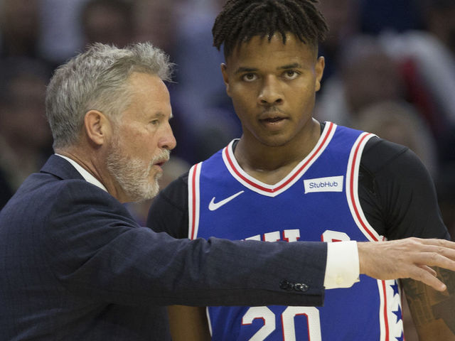 PHILADELPHIA, PA - OCTOBER 18: Head coach Brett Brown of the Philadelphia 76ers talks to Markelle Fultz #20 in the first quarter against the Chicago Bulls at Wells Fargo Center on October 18, 2018 in Philadelphia, Pennsylvania. The 76ers defeated the Bulls 127-108.