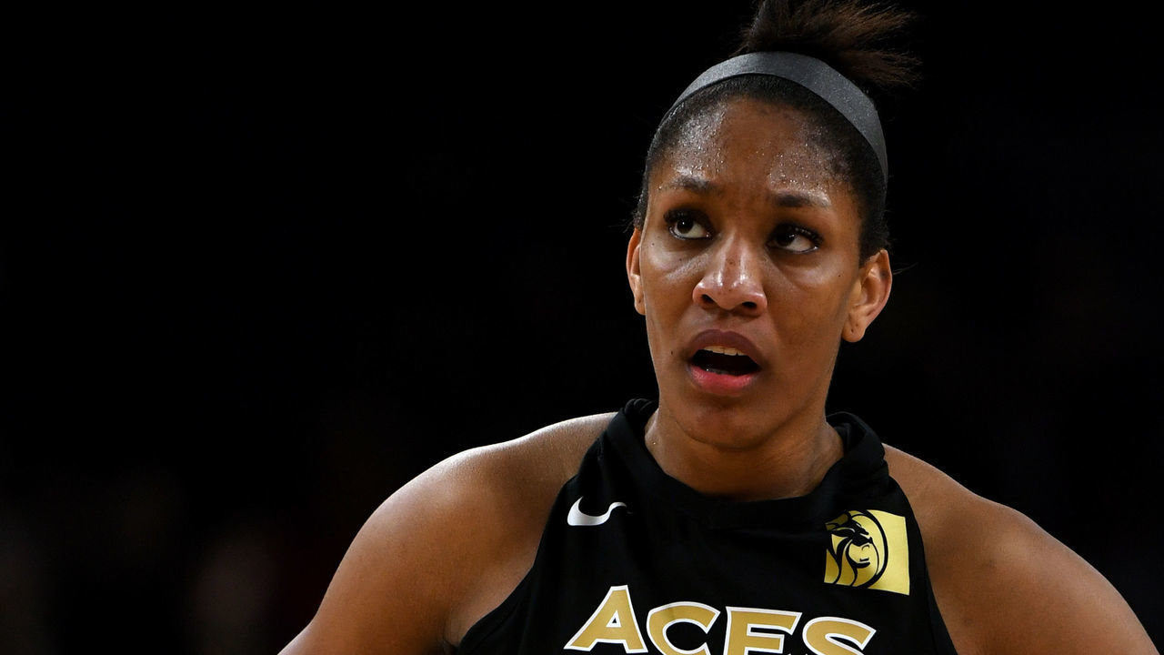LAS VEGAS, NV - MAY 27: A'ja Wilson #22 of the Las Vegas Aces stands on the court during the Aces' inaugural regular-season home opener against the Seattle Storm at the Mandalay Bay Events Center on May 27, 2018 in Las Vegas, Nevada. The Storm won 105-98.