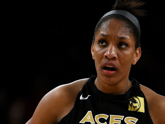 LAS VEGAS, NV - MAY 27: A'ja Wilson #22 of the Las Vegas Aces stands on the court during the Aces' inaugural regular-season home opener against the Seattle Storm at the Mandalay Bay Events Center on May 27, 2018 in Las Vegas, Nevada. The Storm won 105-98.