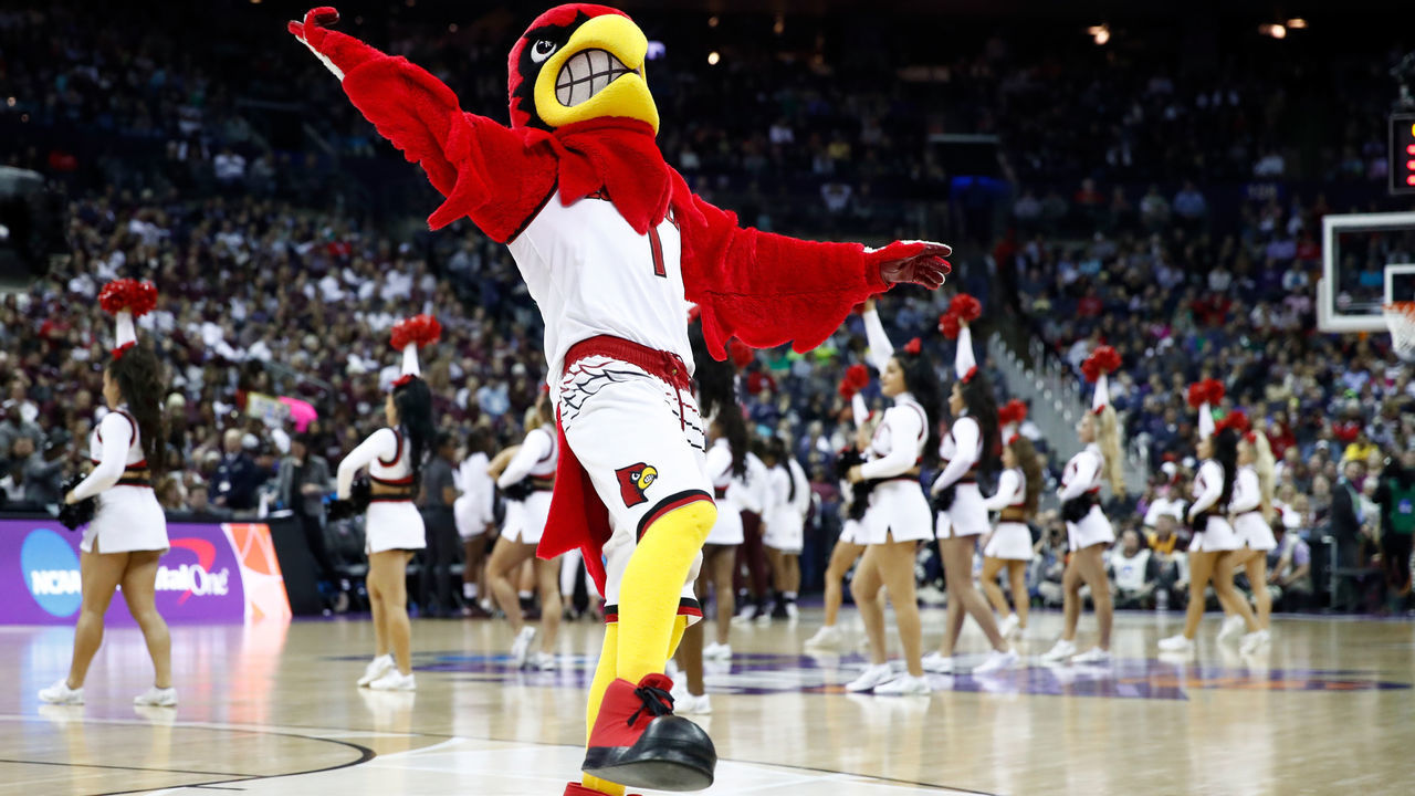 COLUMBUS, OH - MARCH 30: The Louisville mascot 'Cardinal Bird' performs during the first half in the semifinals of the 2018 NCAA Women's Final Four between the Mississippi State Lady Bulldogs and the Louisville Cardinals at Nationwide Arena on March 30, 2018 in Columbus, Ohio.
