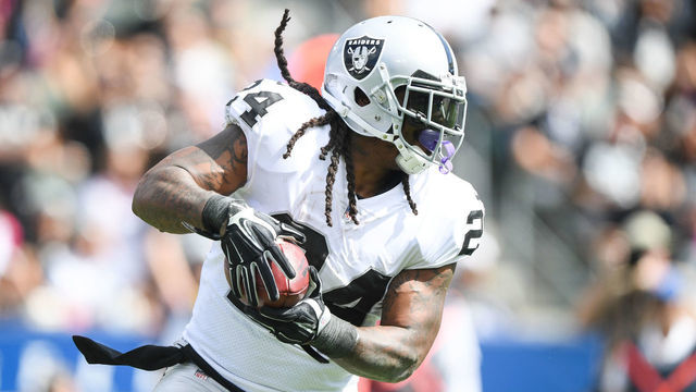 CARSON, CA - OCTOBER 07: Running back Marshawn Lynch #24 of the Oakland Raiders makes a catch in the second quarter against the Los Angeles Chargers at StubHub Center on October 7, 2018 in Carson, California.