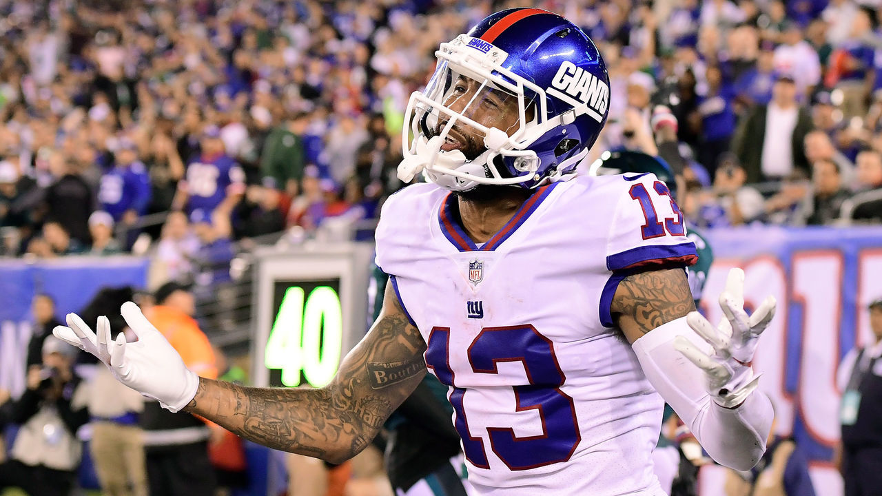 EAST RUTHERFORD, NJ - OCTOBER 11: Odell Beckham #13 of the New York Giants looks for a pass interference call from the official after the intended pass was broken up by Jalen Mills (not pictured) #31 of the Philadelphia Eagles at MetLife Stadium on October 11, 2018 in East Rutherford, New Jersey. The Eagles defeated the Giants 34-13.