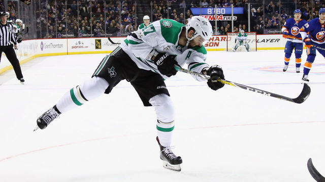 NEW YORK, NY - DECEMBER 13: Alexander Radulov #47 of the Dallas Stars takes the shot against the New York Islanders at the Barclays Center on December 13, 2017 in the Brooklyn borough of New York City. The Stars defeated the Islanders 5-2.