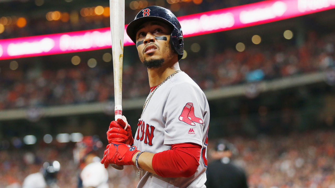 HOUSTON, TX - OCTOBER 17: Mookie Betts #50 of the Boston Red Sox looks on in the second inning against the Houston Astros during Game Four of the American League Championship Series at Minute Maid Park on October 17, 2018 in Houston, Texas.