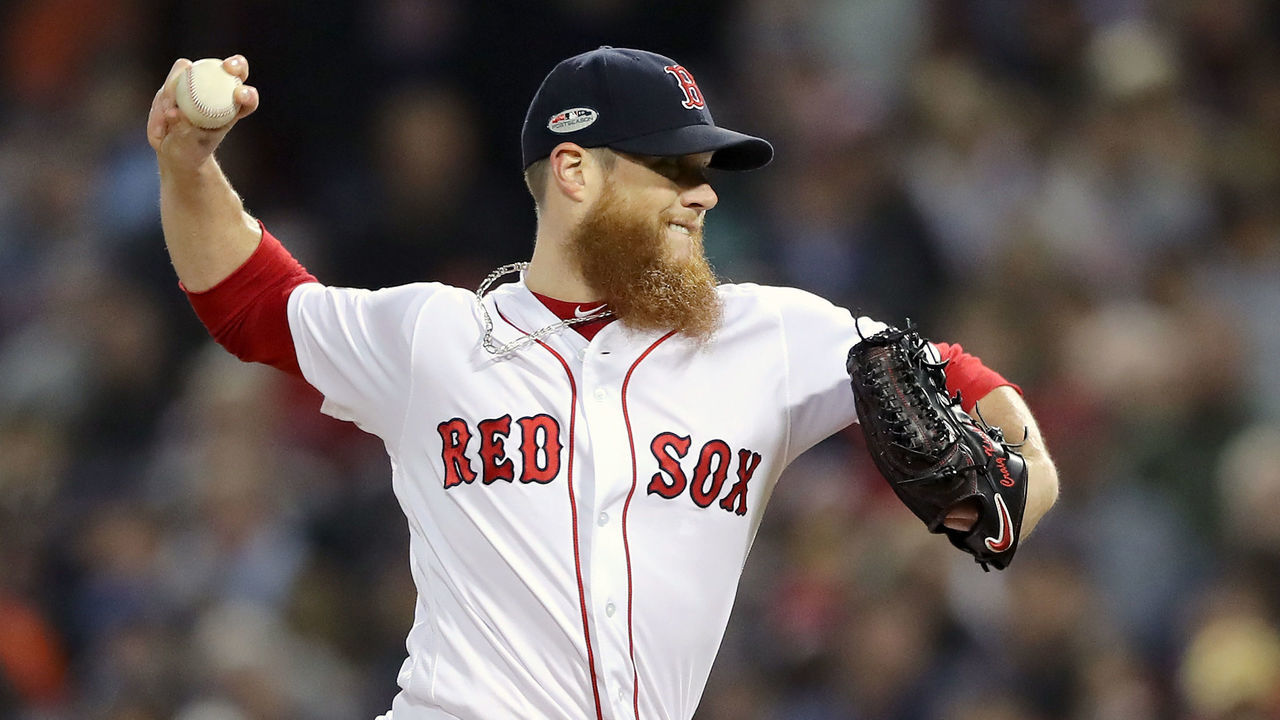 BOSTON, MA - OCTOBER 14: Craig Kimbrel #46 of the Boston Red Sox delivers the pitch during the ninth inning against the Houston Astros in Game Two of the American League Championship Series at Fenway Park on October 14, 2018 in Boston, Massachusetts.