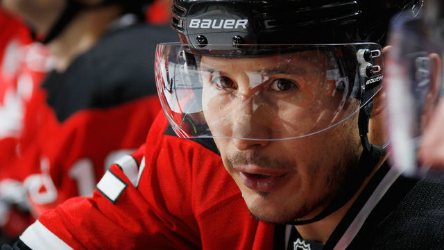 NEWARK, NJ - MARCH 01: Jordin Tootoo #22 of the New Jersey Devils waits for play to begin against the Carolina Hurricanes at the Prudential Center on March 1, 2016 in Newark, New Jersey. The Hurricanes defeated the Devils 3-1.