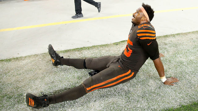 CLEVELAND, OH - SEPTEMBER 20: Myles Garrett #95 of the Cleveland Browns celebrates after a 21-17 win over the New York Jets at FirstEnergy Stadium on September 20, 2018 in Cleveland, Ohio.