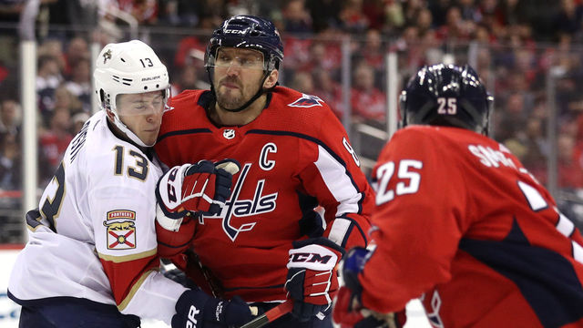 WASHINGTON, DC - OCTOBER 19: Alex Ovechkin #8 of the Washington Capitals checks Mark Pysyk #13 of the Florida Panthers during the second period at Capital One Arena on October 19, 2018 in Washington, DC.