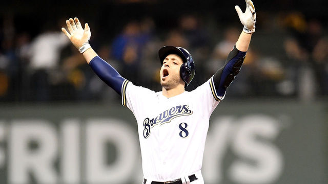 MILWAUKEE, WI - OCTOBER 19: Ryan Braun #8 of the Milwaukee Brewers celebrates after hitting an RBI double to score Christian Yelich #22 against Hyun-Jin Ryu #99 of the Los Angeles Dodgers during the second inning in Game Six of the National League Championship Series at Miller Park on October 19, 2018 in Milwaukee, Wisconsin.
