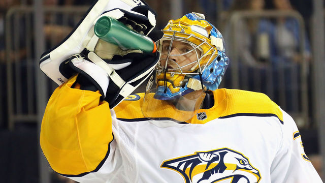 NEW YORK, NEW YORK - OCTOBER 04: Pekka Rinne #35 of the Nashville Predators takes a water break during the game against the New York Rangers at Madison Square Garden on October 04, 2018 in New York City. The Predators defeated the Rangers 3-2.