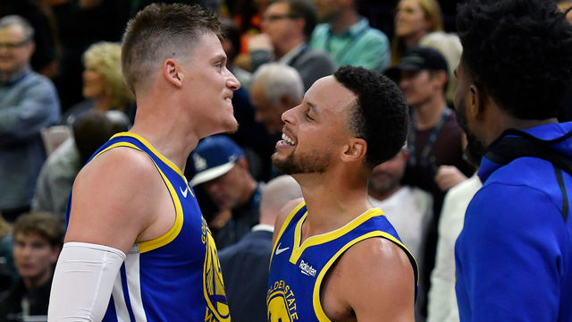 SALT LAKE CITY, UT - OCTOBER 19: Jonas Jerebko #21 of the Golden State Warriors and teammate Stephen Curry #30 react to their 124-123 win over the Utah Jazz at the end of a NBA game at Vivint Smart Home Arena on October 19, 2018 in Salt Lake City, Utah. Jerebko had the winning basket.