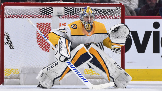 MONTREAL, QC - FEBRUARY 10: Goaltender Pekka Rinne #35 of the Nashville Predators remains focused as he protects his net against the Montreal Canadiens during the NHL game at the Bell Centre on February 10, 2018 in Montreal, Quebec, Canada. The Nashville Predators defeated the Montreal Canadiens 3-2 in a shootout.