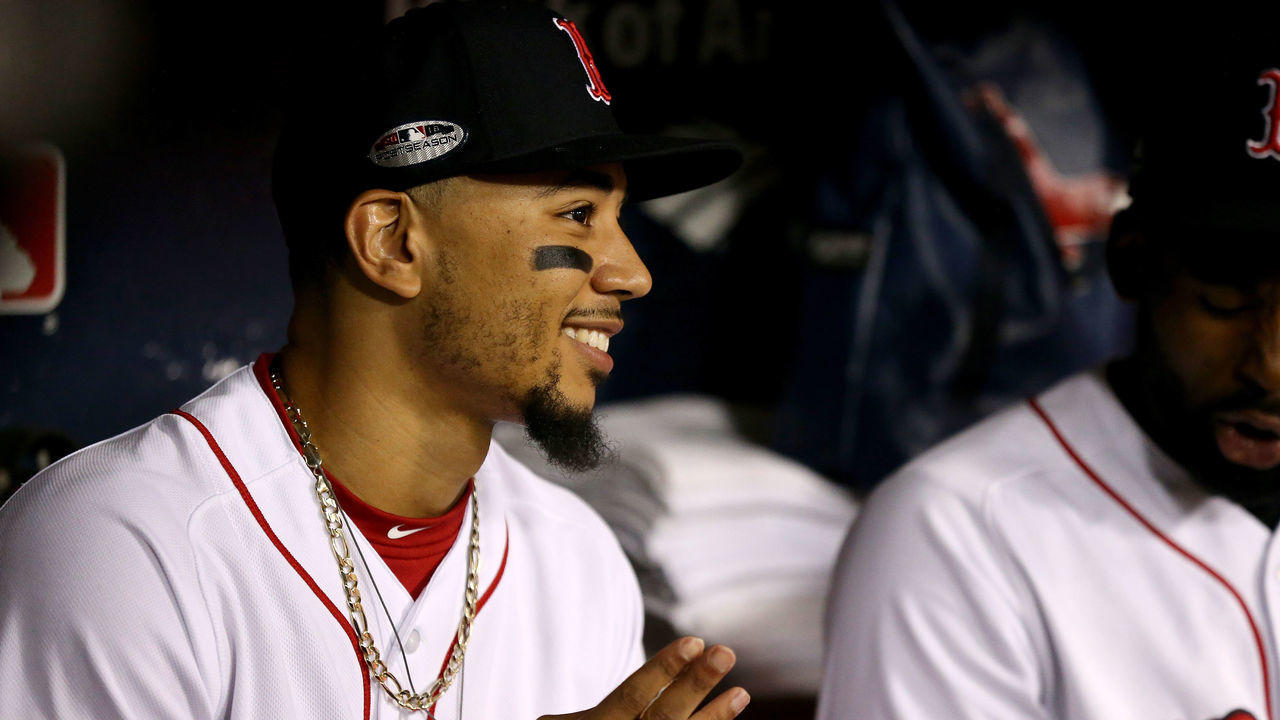 BOSTON, MA - OCTOBER 14: Mookie Betts #50 of the Boston Red Sox looks on prior to Game Two of the American League Championship Series against the Houston Astros at Fenway Park on October 14, 2018 in Boston, Massachusetts.