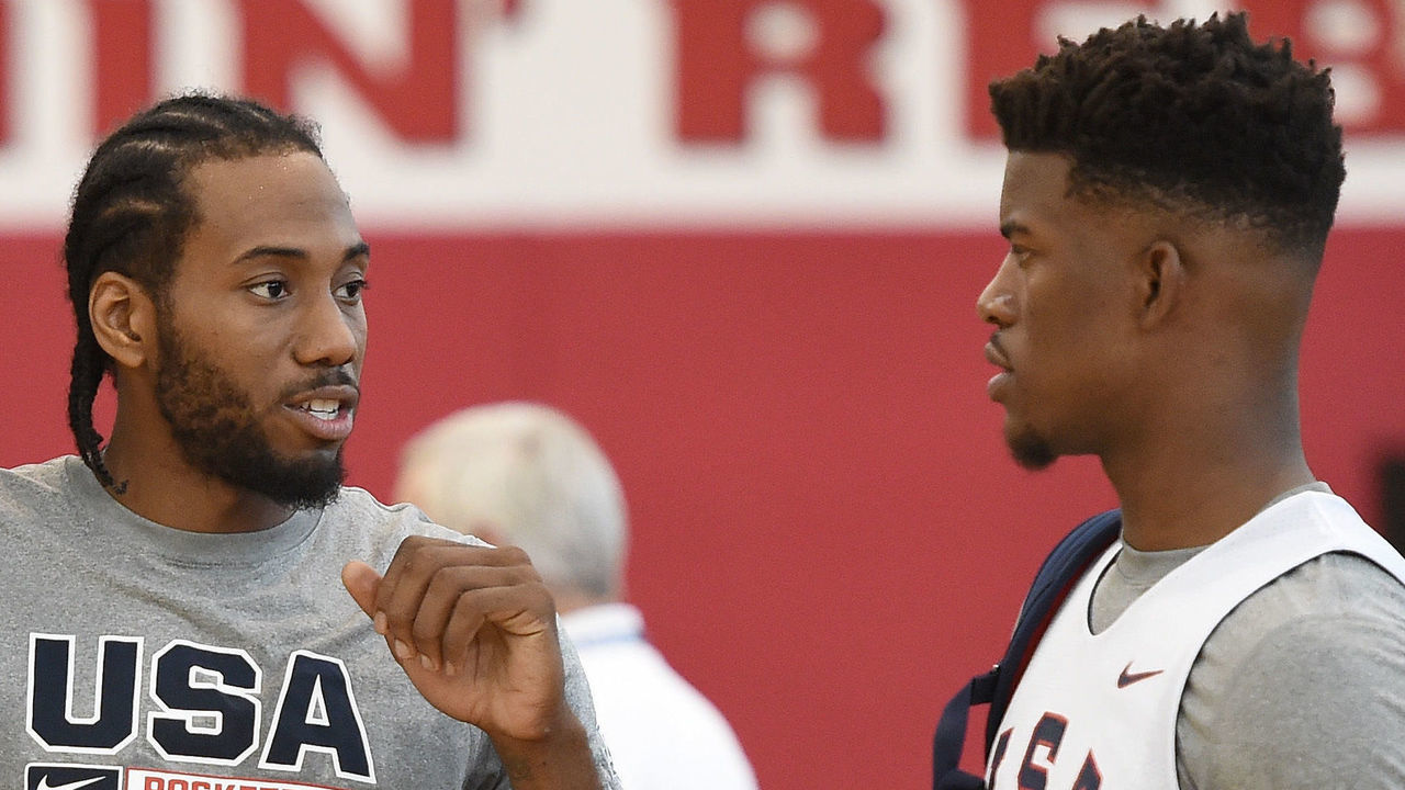 LAS VEGAS, NV - AUGUST 11: Kawhi Leonard #30 (L) and Jimmy Butler #50 of the 2015 USA Basketball Men's National Team talk during a practice session at the Mendenhall Center on August 11, 2015 in Las Vegas, Nevada.