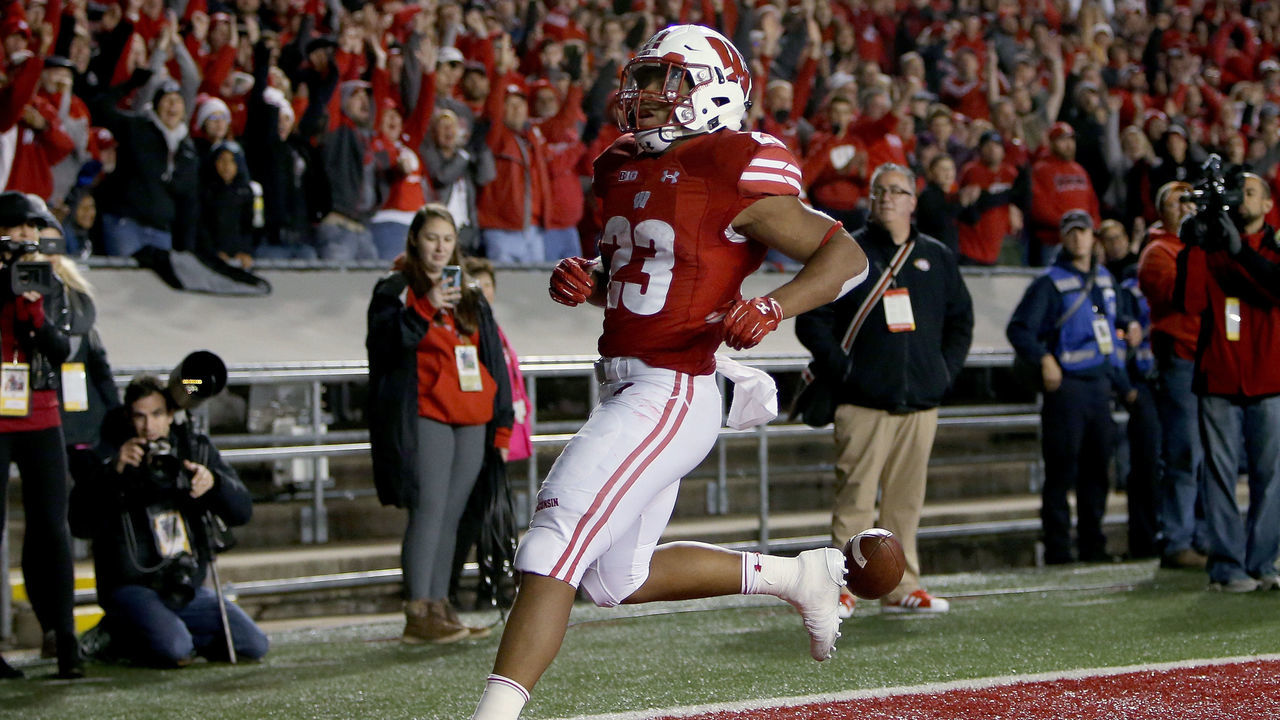 MADISON, WI - OCTOBER 06: Jonathan Taylor #23 of the Wisconsin Badgers scores a touchdown in the third quarter against the Nebraska Cornhuskers at Camp Randall Stadium on October 6, 2018 in Madison, Wisconsin.