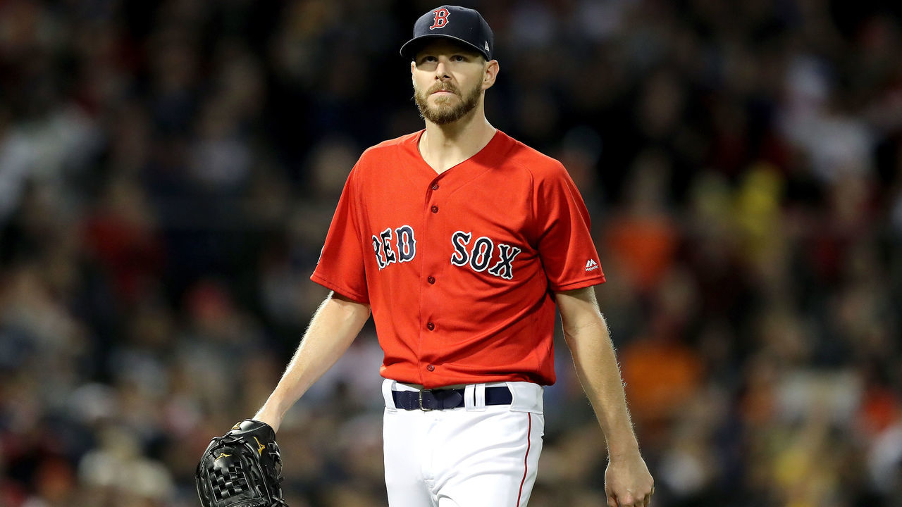 BOSTON, MA - OCTOBER 13: Chris Sale #41 of the Boston Red Sox reacts during the first inning against the Houston Astros in Game One of the American League Championship Series at Fenway Park on October 13, 2018 in Boston, Massachusetts.
