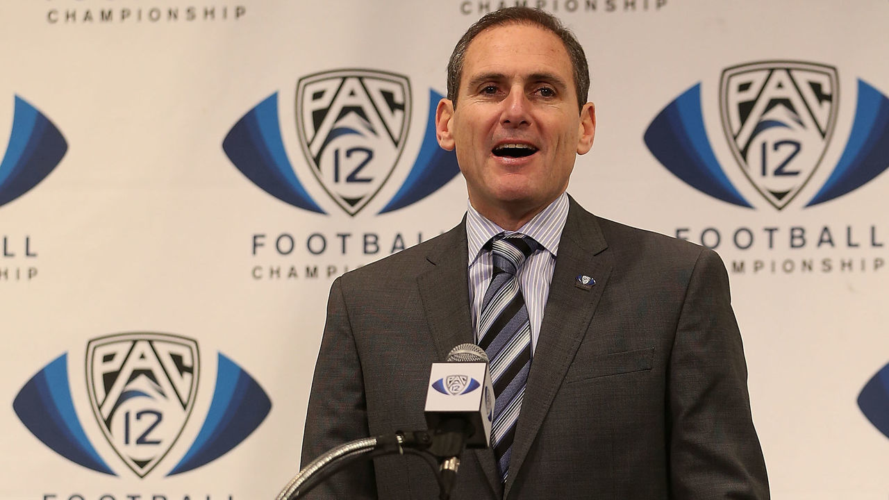 TEMPE, AZ - DECEMBER 07: Pac-12 Commissioner, Larry Scott speaks at a press conference before the Pac 12 Championship game between the Arizona State Sun Devils and the Stanford Cardinal at Sun Devil Stadium on December 7, 2013 in Tempe, Arizona.