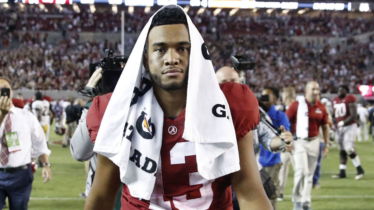 TUSCALOOSA, AL - OCTOBER 13: Tua Tagovailoa #13 of the Alabama Crimson Tide walks off the field after the game against the Missouri Tigers at Bryant-Denny Stadium on October 13, 2018 in Tuscaloosa, Alabama. Tagovailoa suffered an injury in the third quarter and did not return to the game. Alabama won 39-10.