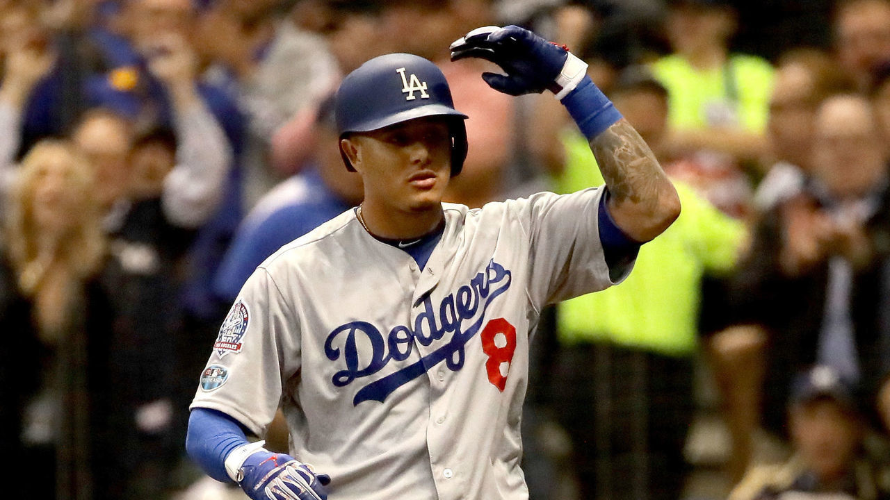 MILWAUKEE, WI - OCTOBER 19: Manny Machado #8 of the Los Angeles Dodgers reacts after striking out against Corey Knebel #46 of the Milwaukee Brewers during the fifth inning in Game Six of the National League Championship Series at Miller Park on October 19, 2018 in Milwaukee, Wisconsin.
