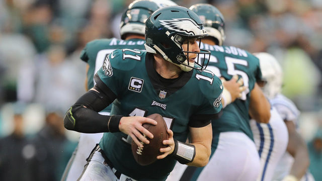 PHILADELPHIA, PA - SEPTEMBER 23: Quarterback Carson Wentz #11 of the Philadelphia Eagles looks to pass against the Indianapolis Colts during the fourth quarter at Lincoln Financial Field on September 23, 2018 in Philadelphia, Pennsylvania. The Eagles won 20-16.