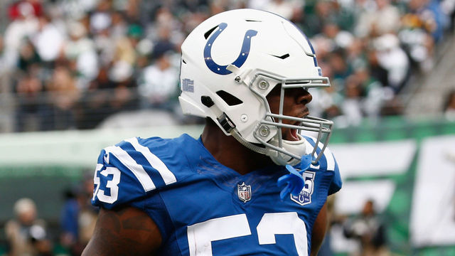 EAST RUTHERFORD, NJ - OCTOBER 14: Linebacker Darius Leonard #53 of the Indianapolis Colts reacts against the New York Jets during the second quarter at MetLife Stadium on October 14, 2018 in East Rutherford, New Jersey.