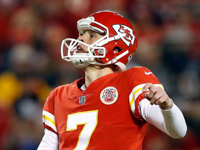 KANSAS CITY, MO - DECEMBER 16: Kicker Harrison Butker #7 of the Kansas City Chiefs kicks a field goal during the game against the Los Angeles Chargers at Arrowhead Stadium on December 16, 2017 in Kansas City, Missouri.