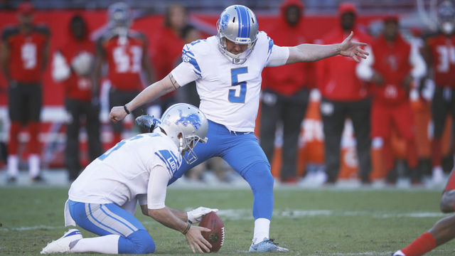 TAMPA, FL - DECEMBER 10: Matt Prater #5 of the Detroit Lions kicks the game-winning 46-yard field goal with 20 seconds left in the game against the Tampa Bay Buccaneers at Raymond James Stadium on December 10, 2017 in Tampa, Florida. The Lions won 24-21.